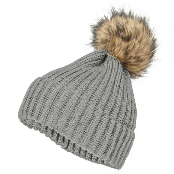Bogner Gray Knit Hat with Faux Fur Pom - Picture 1 of 4